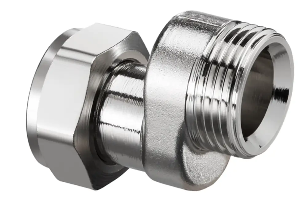 Oventrop Ausgleichsverschraubung mit gewinkeltem Design, Anschluss mit Innen- und Außengewinde, aus Metall gefertigt, für Rohrsysteme.